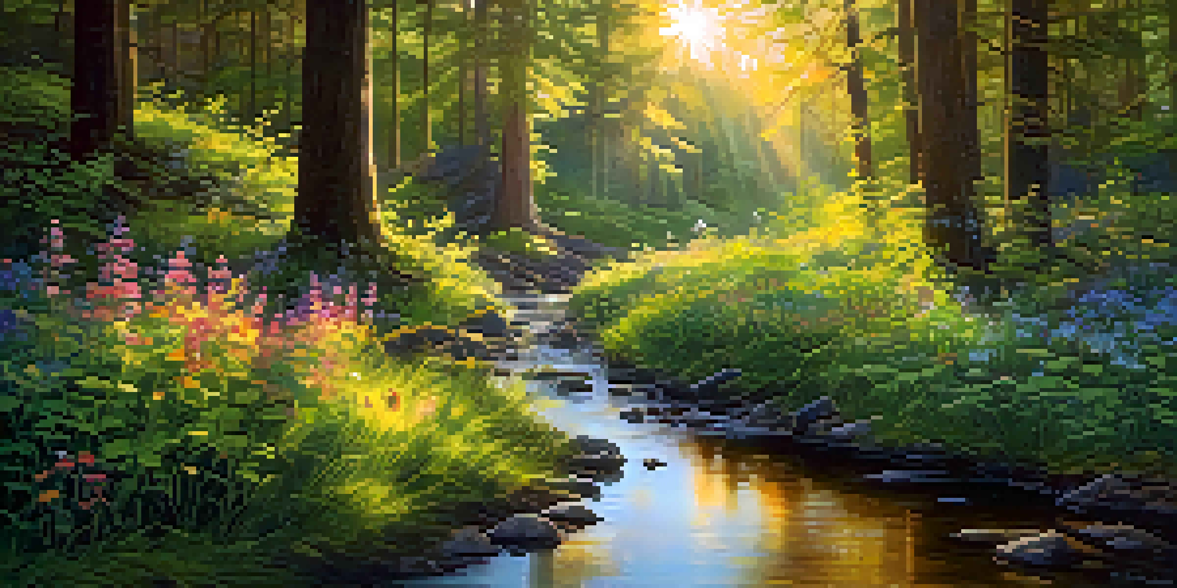 A tranquil forest illuminated by the golden hour sun, with green trees, wildflowers, and a gentle stream reflecting the sunlight.