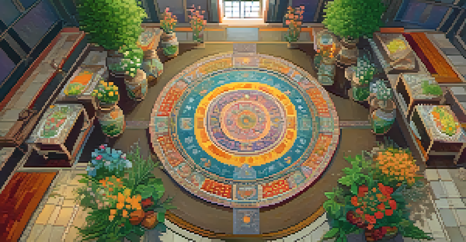 An overhead view of a ceremonial space with colorful textiles and a circular arrangement of flowers and herbs, set for a healing ritual.