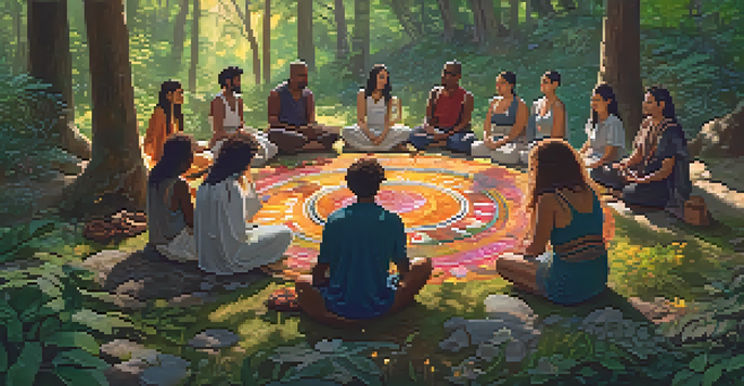 A diverse group of people sitting in a circle in a forest during an entheogenic ceremony, with sunlight filtering through the trees.