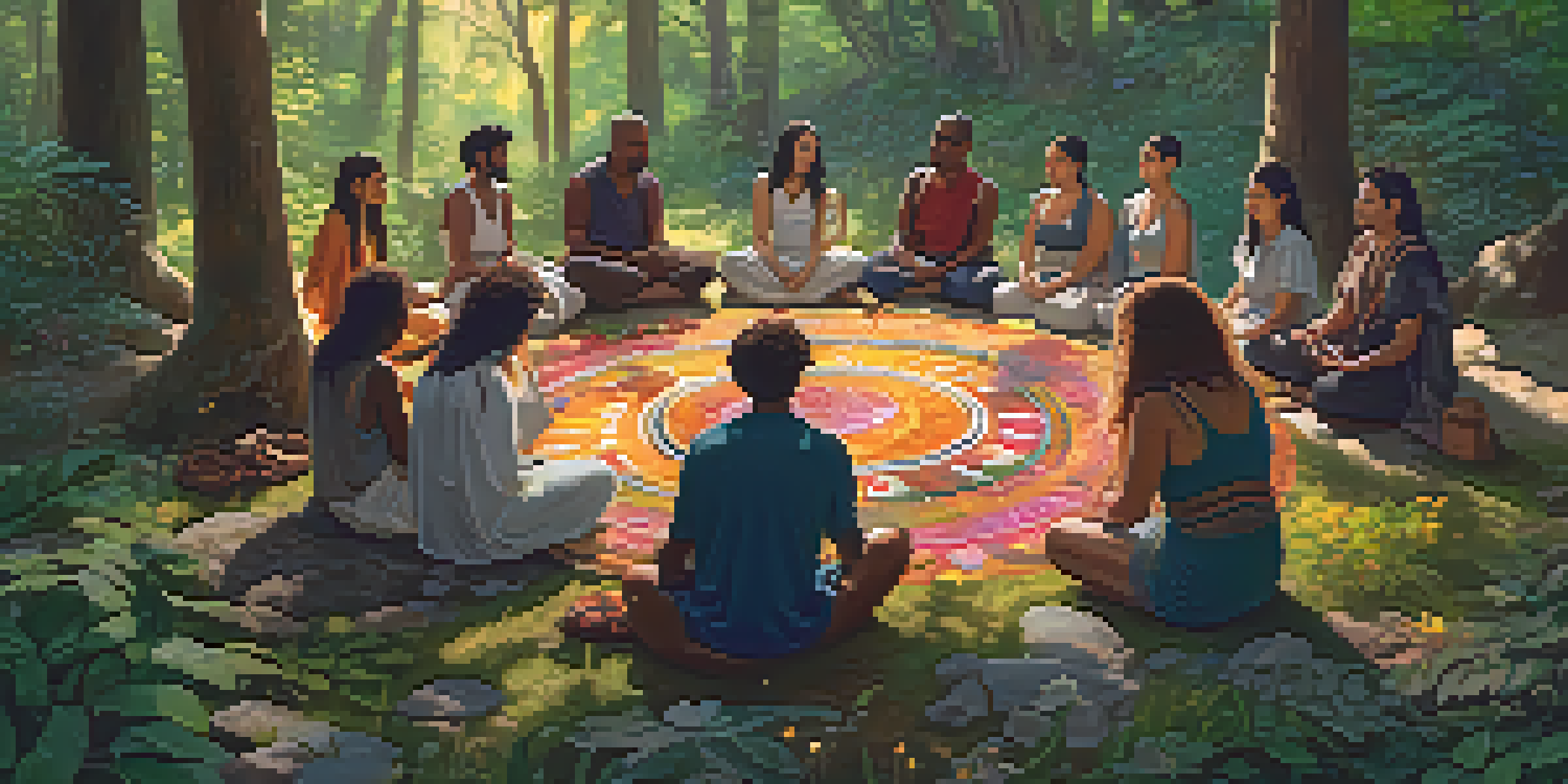 A diverse group of people sitting in a circle in a forest during an entheogenic ceremony, with sunlight filtering through the trees.