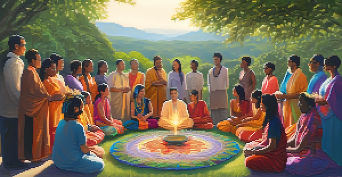 A diverse group of people engaged in a peaceful outdoor entheogenic ceremony, surrounded by nature and colorful flowers.