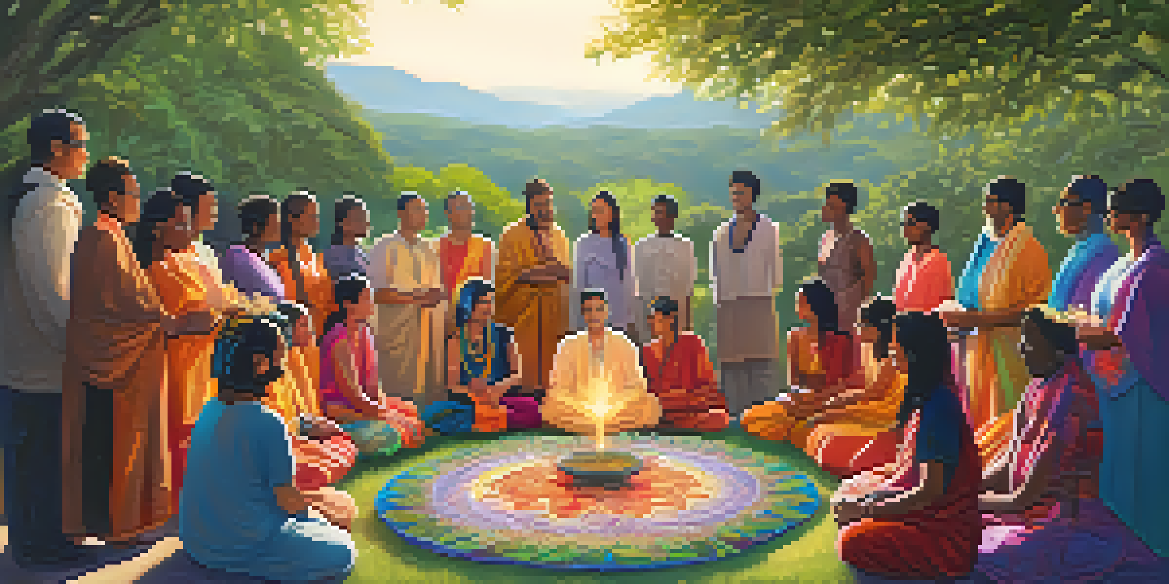 A diverse group of people engaged in a peaceful outdoor entheogenic ceremony, surrounded by nature and colorful flowers.