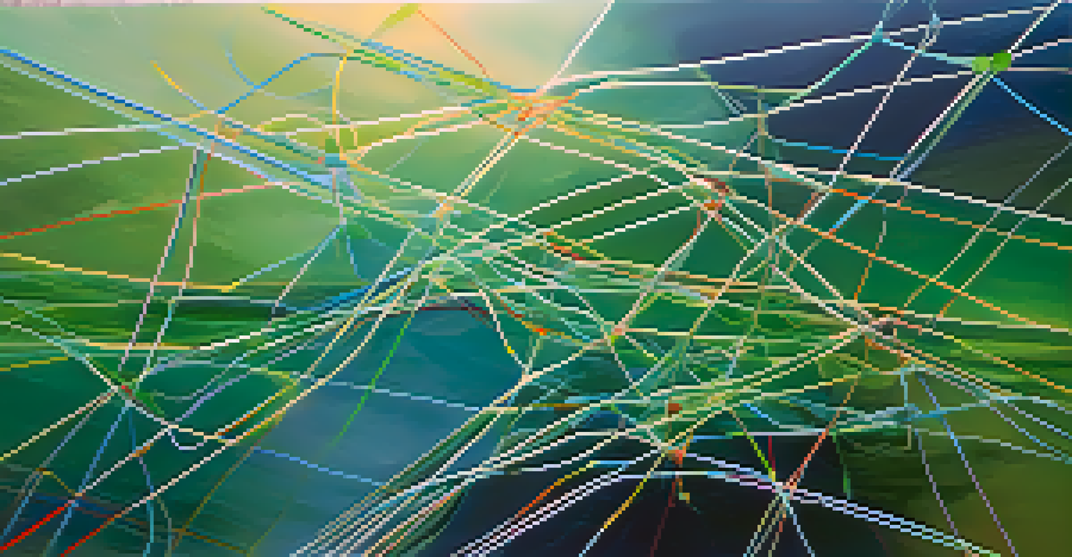 An abstract image depicting interconnectedness with colorful lines and nodes against a gradient background.