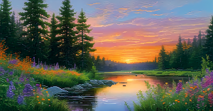 A peaceful sunset over a green forest with a stream and colorful wildflowers in the foreground.