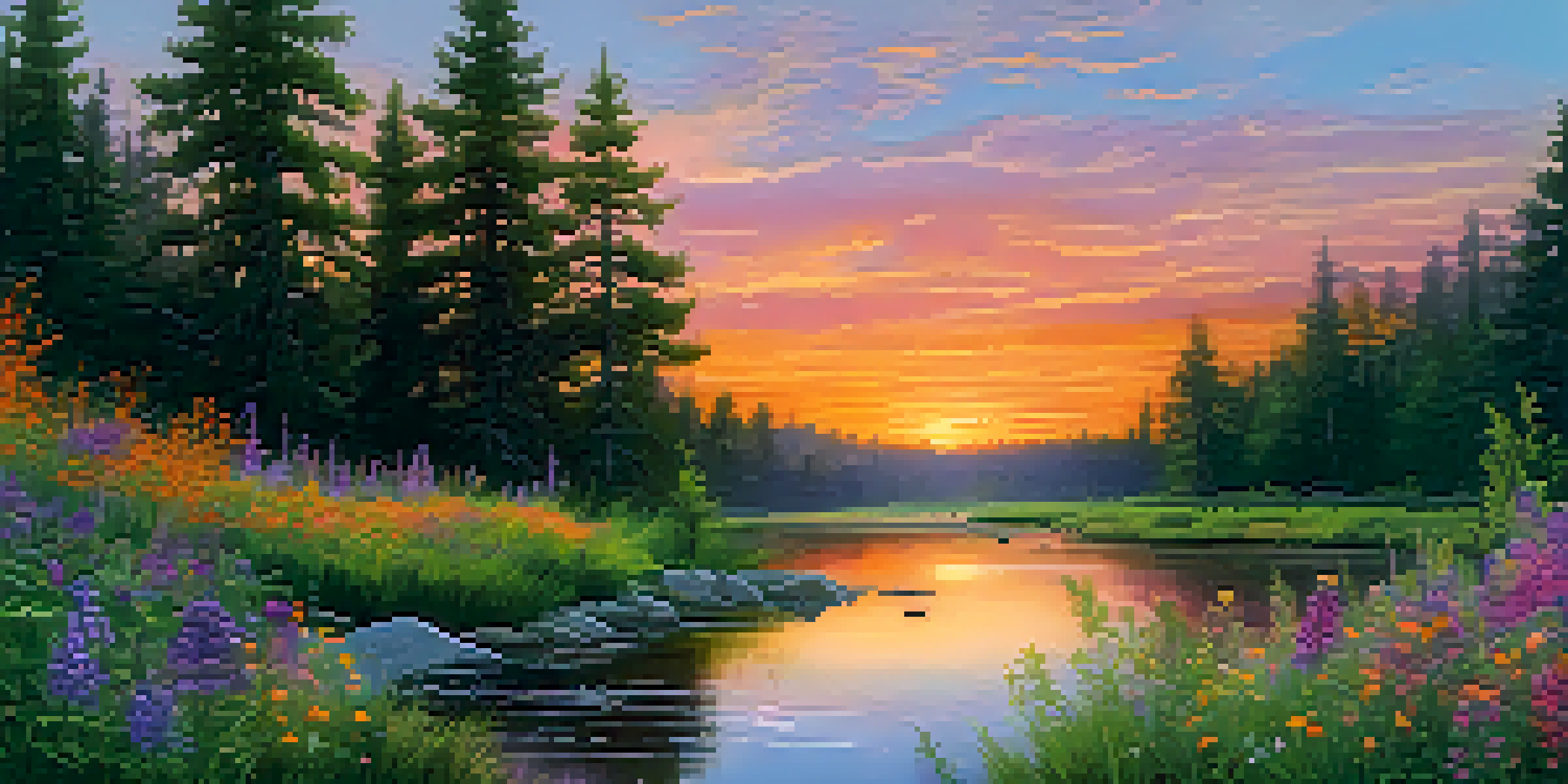 A peaceful sunset over a green forest with a stream and colorful wildflowers in the foreground.