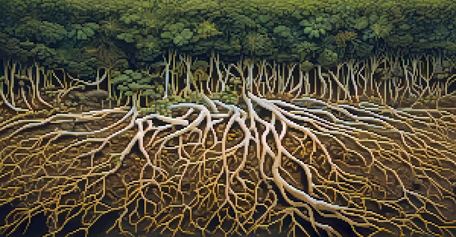 A close-up view of enriched soil with visible roots and mycorrhizal fungi, highlighting a healthy ecosystem.