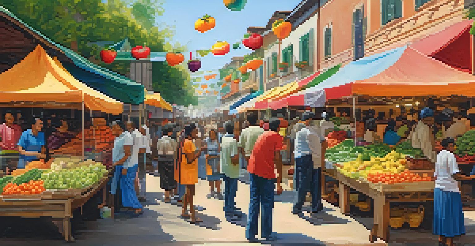 A lively market scene showcasing diverse people interacting, with stalls of fresh produce and handmade crafts.