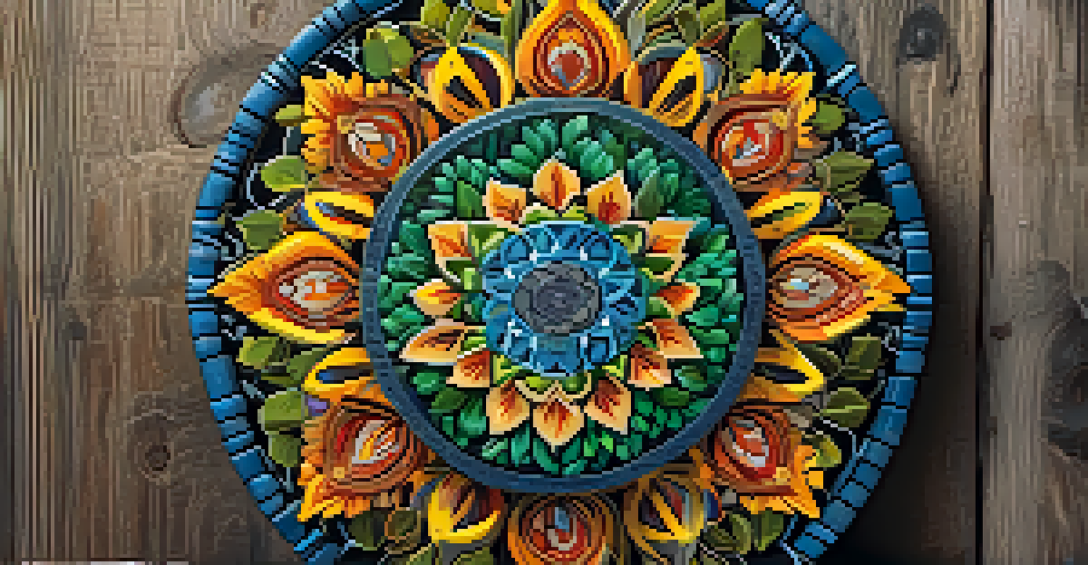 A colorful mandala made from natural materials on a rustic wooden background.
