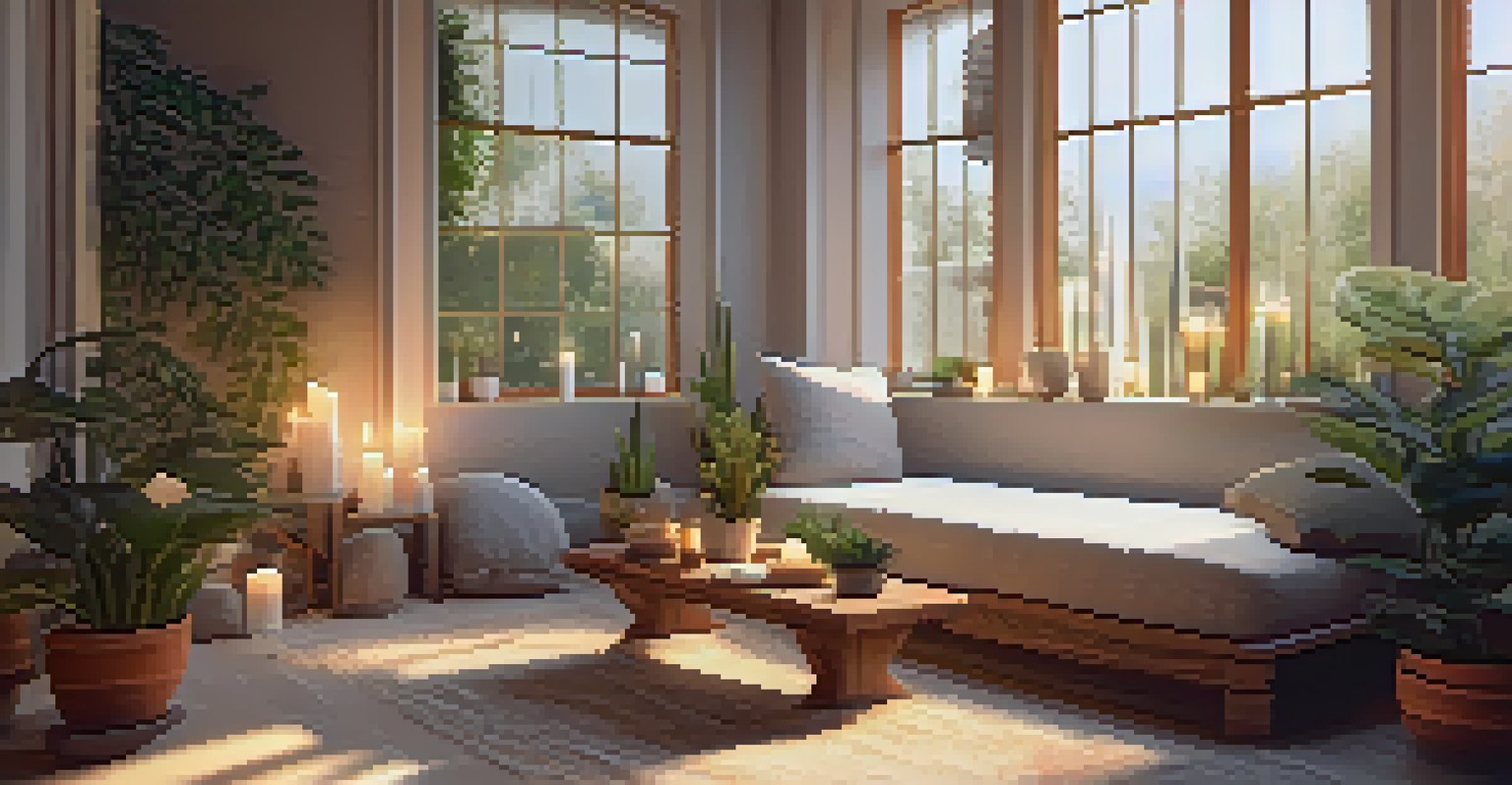 A calming therapeutic space with cushions, plants, and warm lighting for healing and introspection.