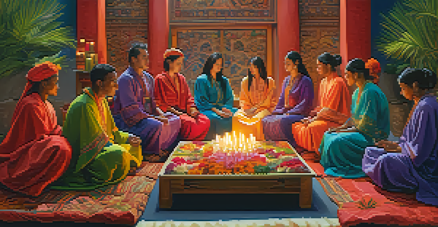 A diverse group participating in a cultural ceremony with colorful fabrics and candles.