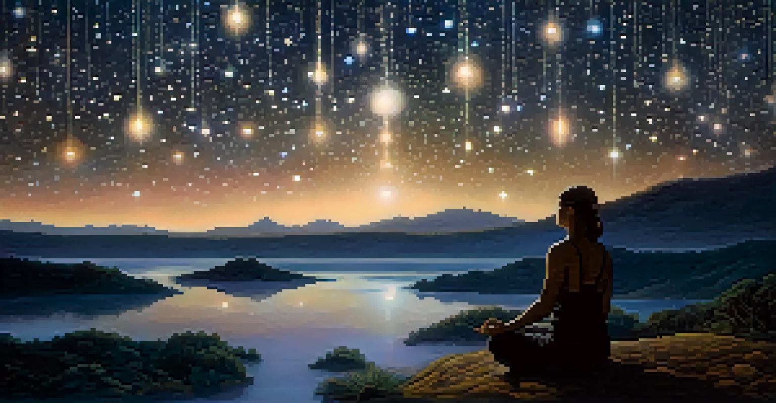 A person meditating under a starry sky filled with the Milky Way, surrounded by glowing orbs of light.