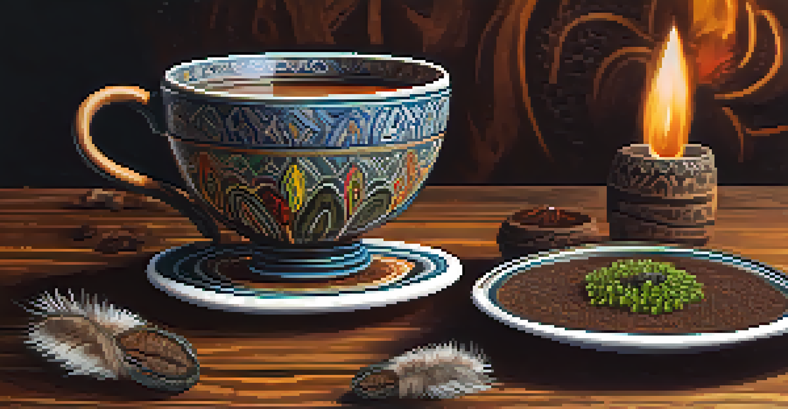 A close-up of ayahuasca brew in a ceramic cup, surrounded by symbolic items like feathers and flowers on a rustic wooden table.