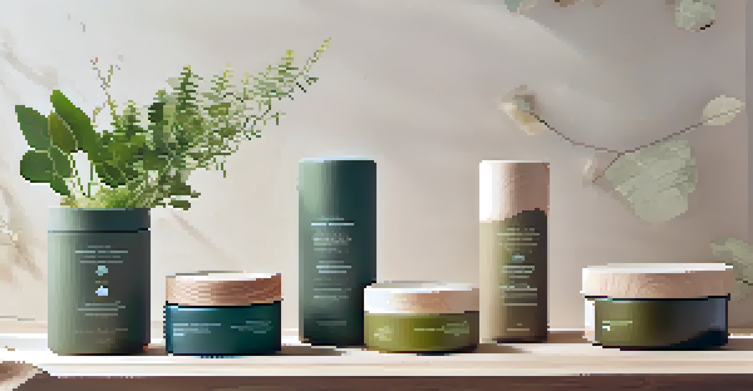 An artistic arrangement of eco-friendly packaging for entheogen products on a wooden table, surrounded by natural elements like leaves and stones in soft light.