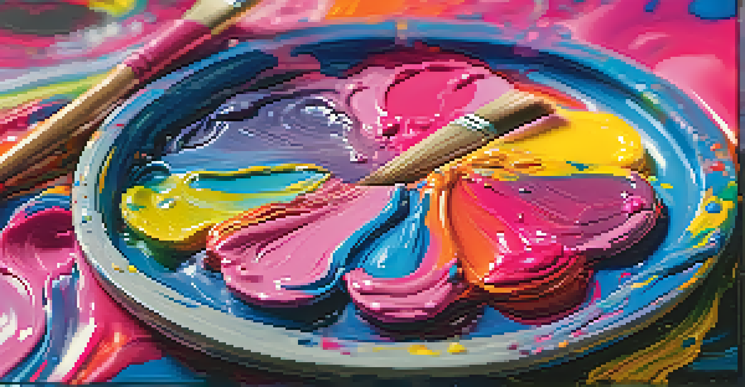 A close-up of an artist's palette filled with bright psychedelic colors, with swirled paint and scattered brushes against a softly blurred background.