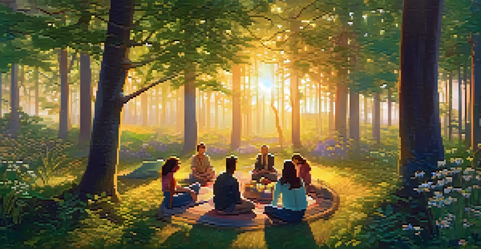 A diverse group of people sitting in a circle in a forest during sunset, sharing a conversation surrounded by greenery and flowers.