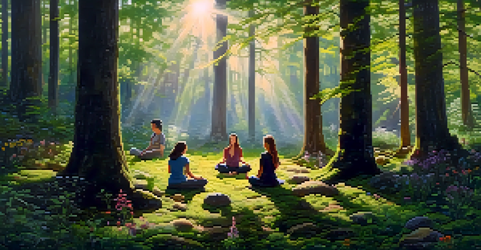 A peaceful forest scene with sunlight shining through trees, showing a diverse group of people meditating in a circle surrounded by greenery and flowers.