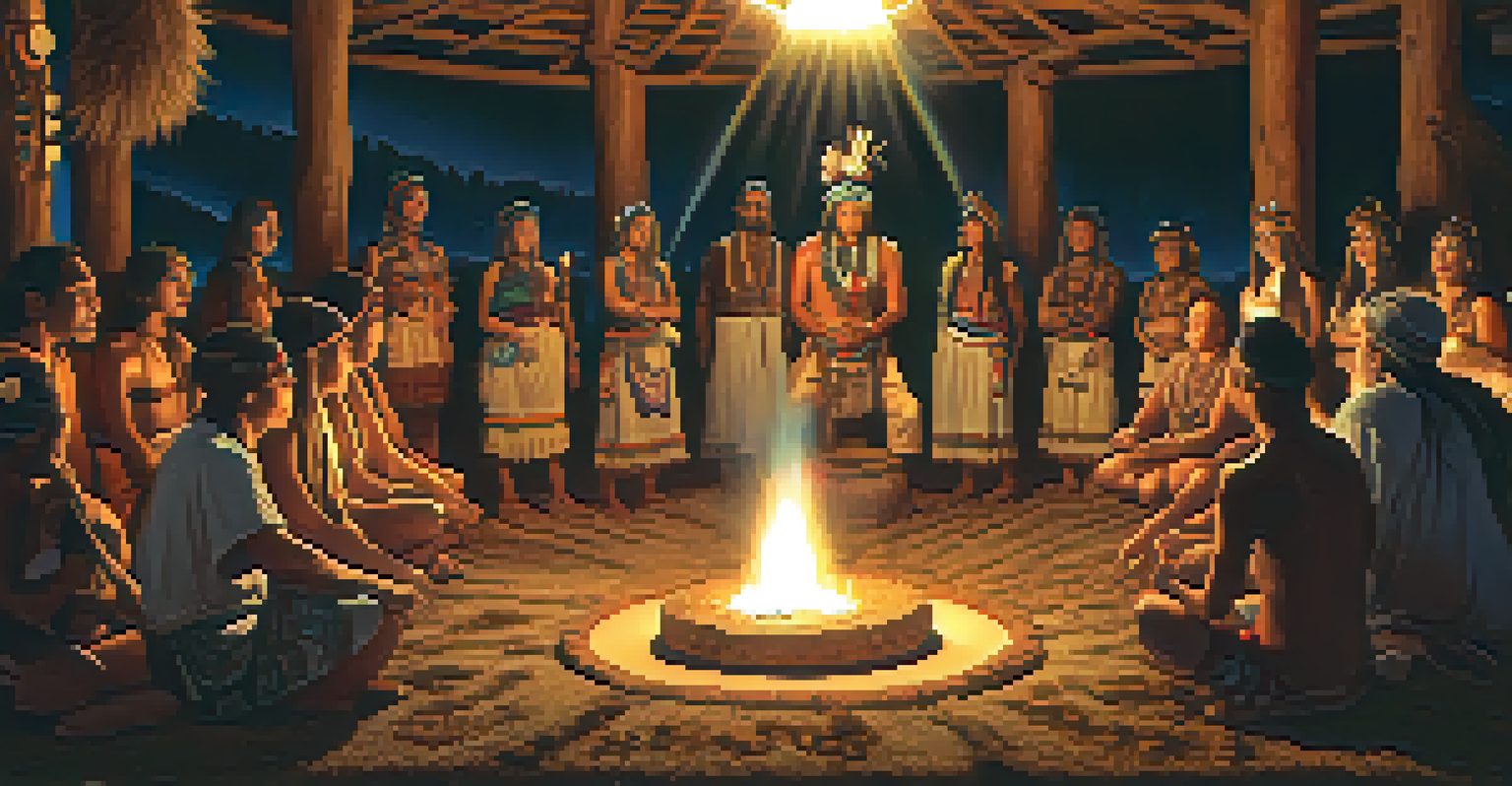 An indigenous shaman leading a healing ceremony with participants dancing around in a ritual setting.