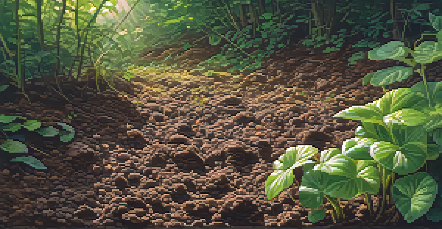 A close-up of healthy, textured soil surrounded by green plants, with sunlight creating patterns on the soil surface.