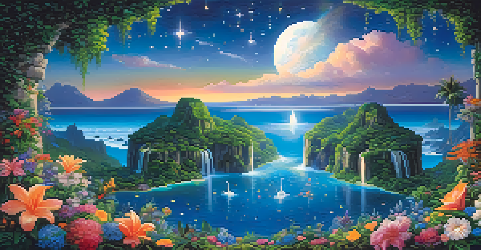 A dreamlike scene with floating islands, colorful flowers, waterfalls, and a starry twilight sky.
