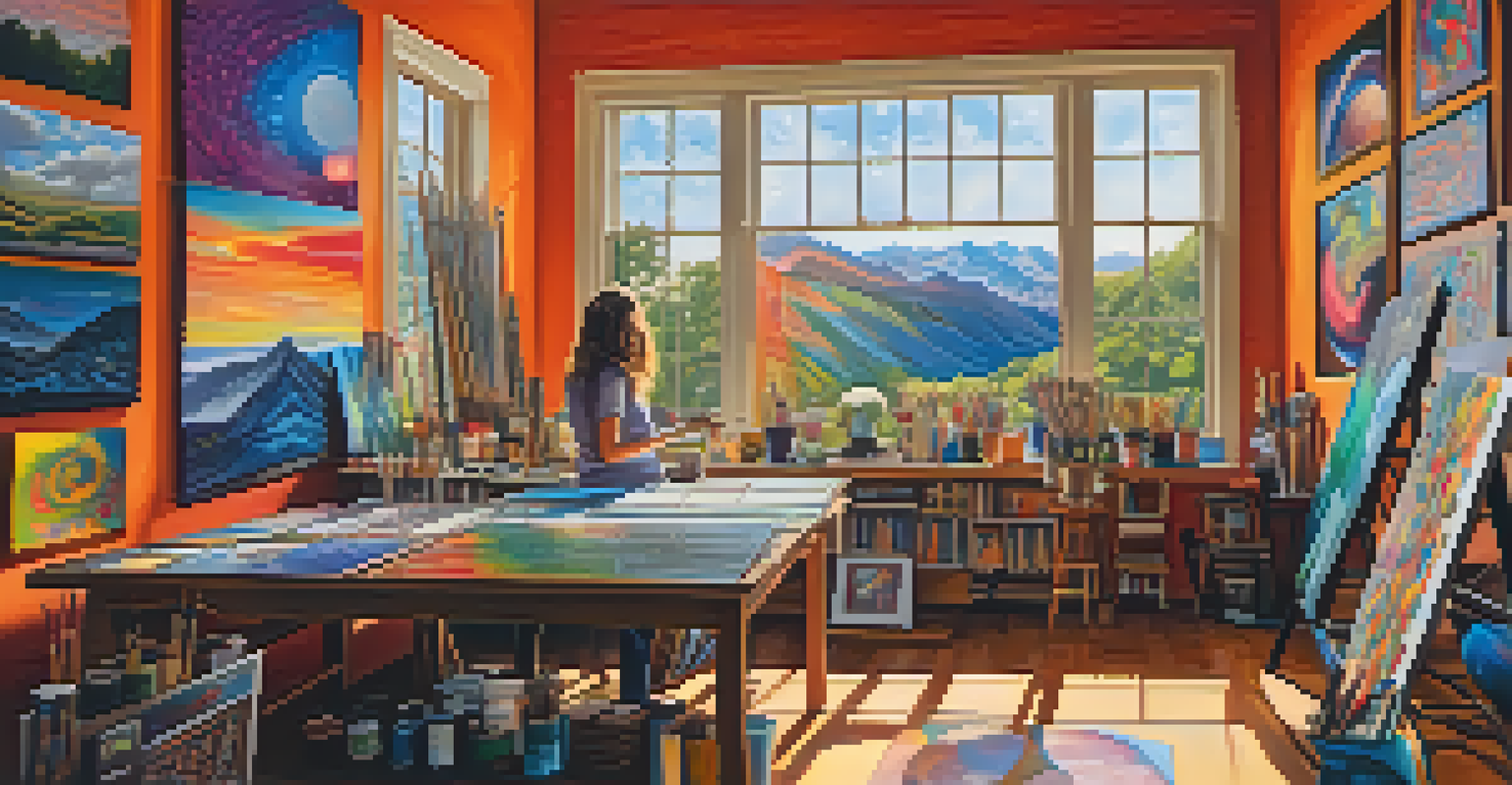 An artist's studio filled with vibrant psychedelic art, sunlight illuminating the creative space.