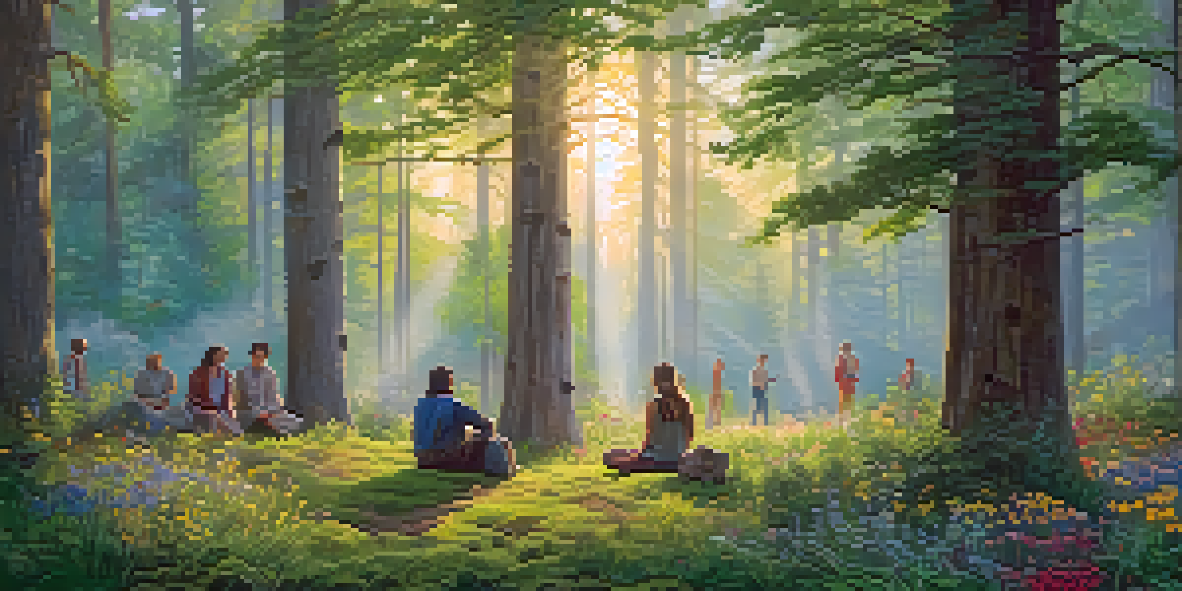 A diverse group of people in a forest ceremony, surrounded by lush greenery and soft morning light.