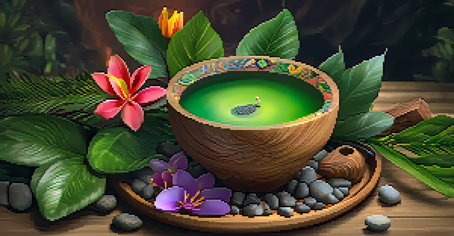 A close-up of a wooden cup containing ayahuasca brew, surrounded by leaves and flowers, showcasing earthy tones and natural beauty.