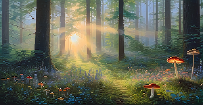A tranquil forest at dawn with sunlight through trees and wildflowers, featuring subtle psilocybin mushrooms in the foreground.