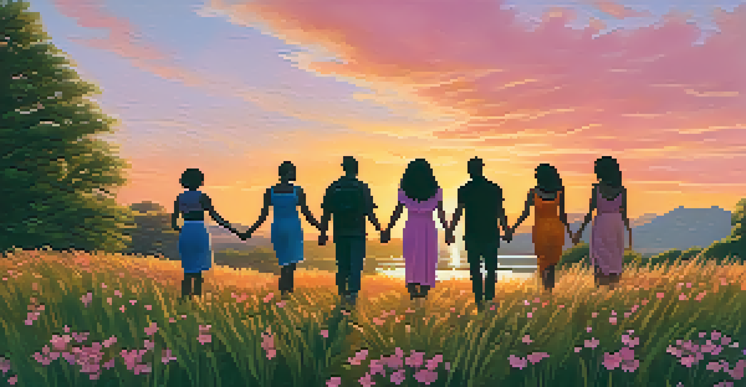 A diverse group of activists holding hands in solidarity at sunset, with a colorful sky and a foreground of lush grass and flowers, representing unity and purpose.