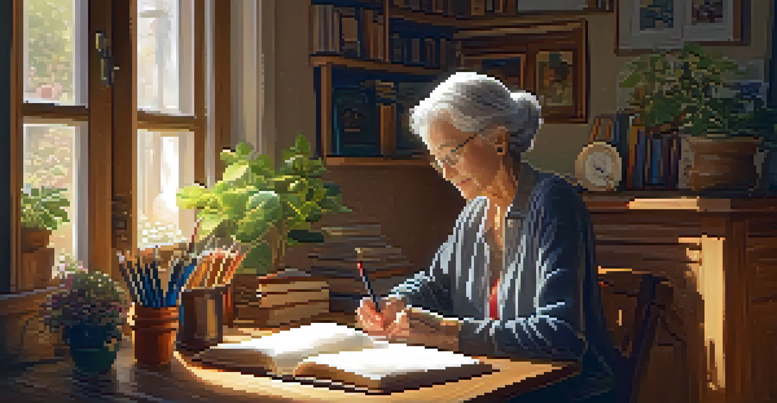 An elderly woman journaling at a wooden table in a cozy room filled with plants and books, illuminated by a soft lamp glow.