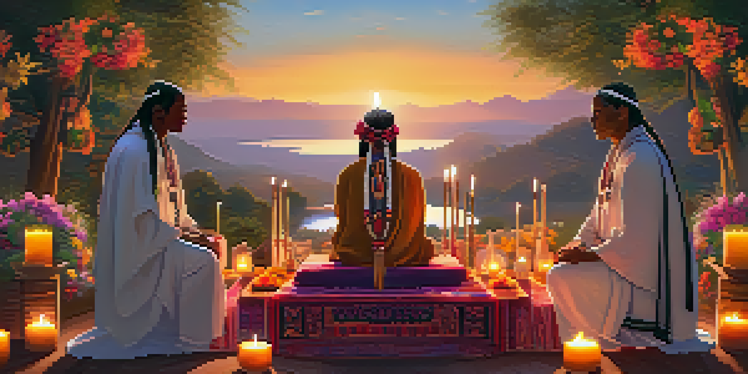 A tranquil setting showing an indigenous ceremony with an altar, flowers, and candles under a sunset sky.