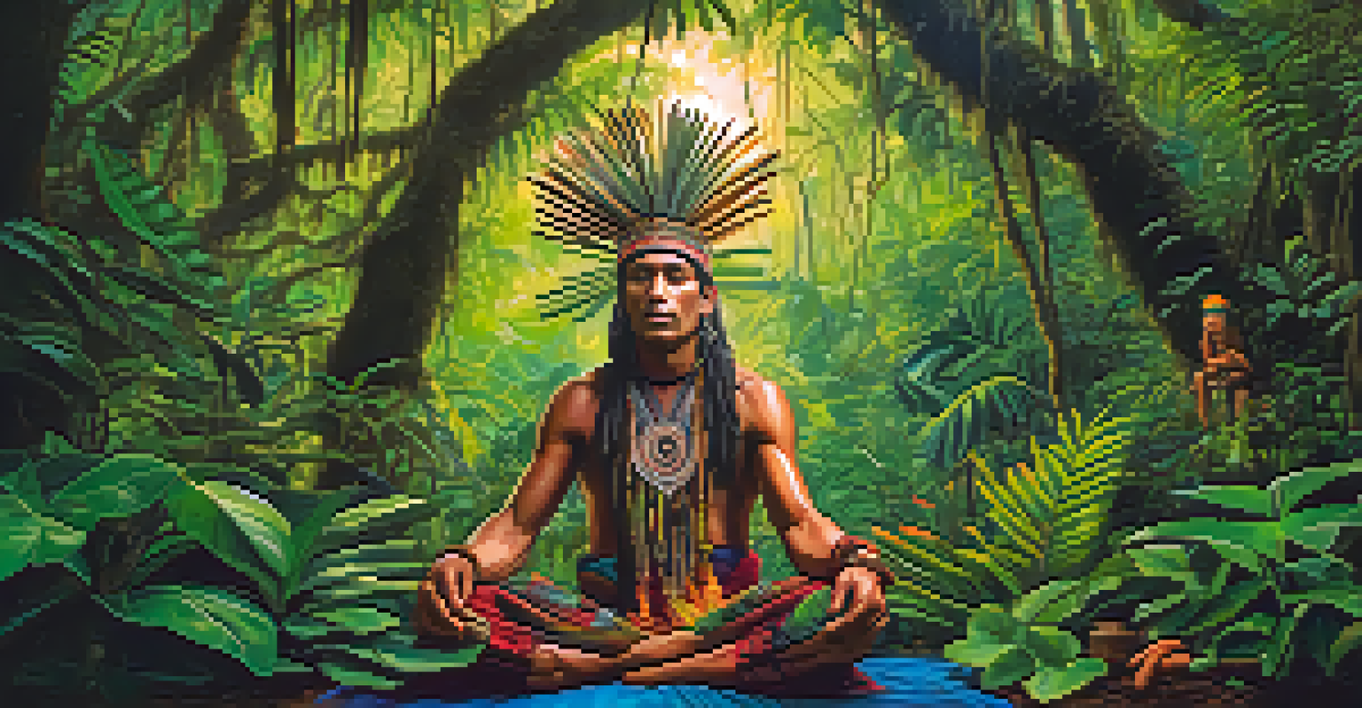 A shaman preparing ayahuasca in a vibrant Amazon rainforest, surrounded by lush green foliage and various plants.