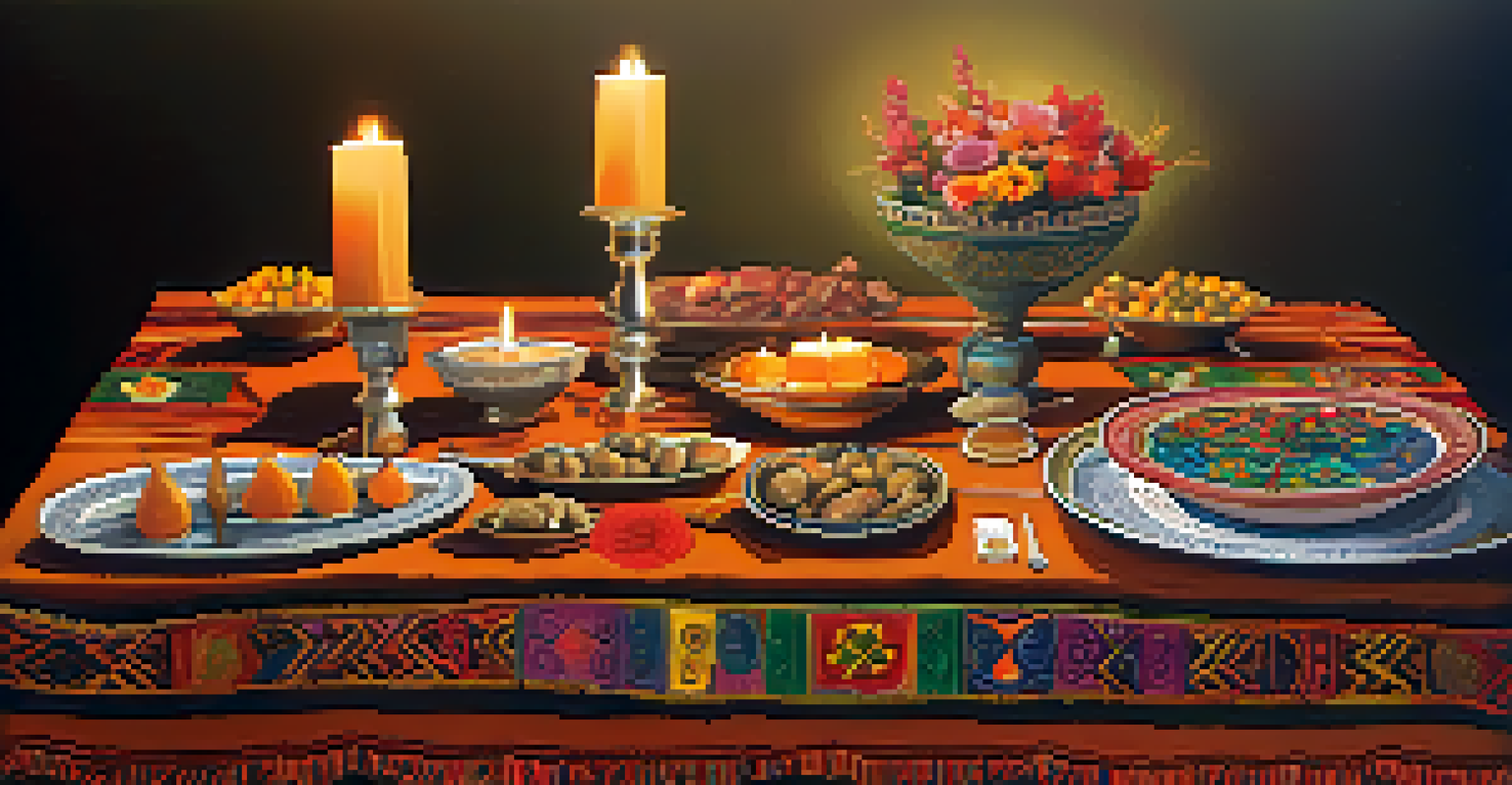 A ceremonial table decorated with colorful textiles, candles, and natural elements, creating a warm and respectful atmosphere.
