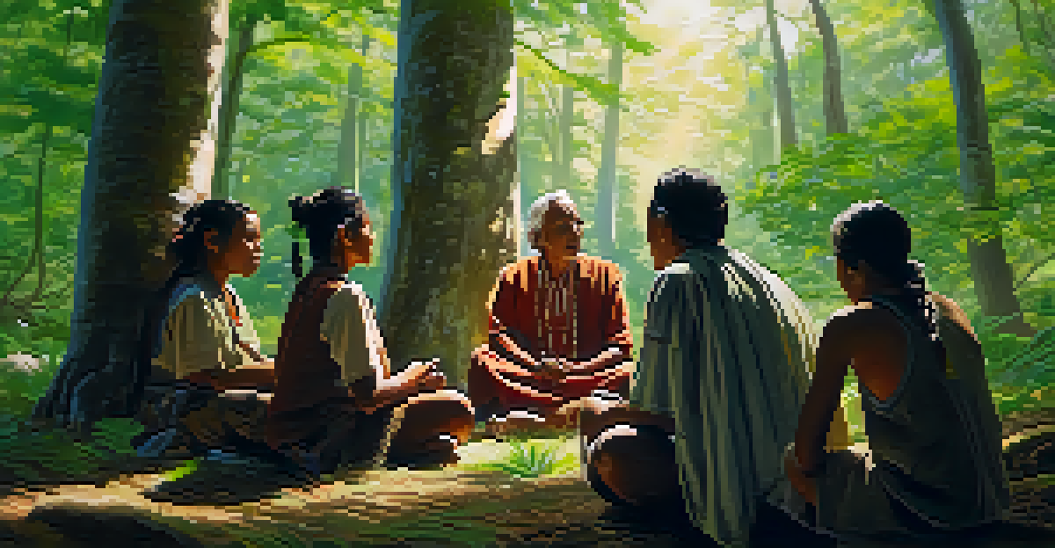 An Indigenous elder teaching young adults in a forest, with sunlight filtering through the trees, creating a warm atmosphere.