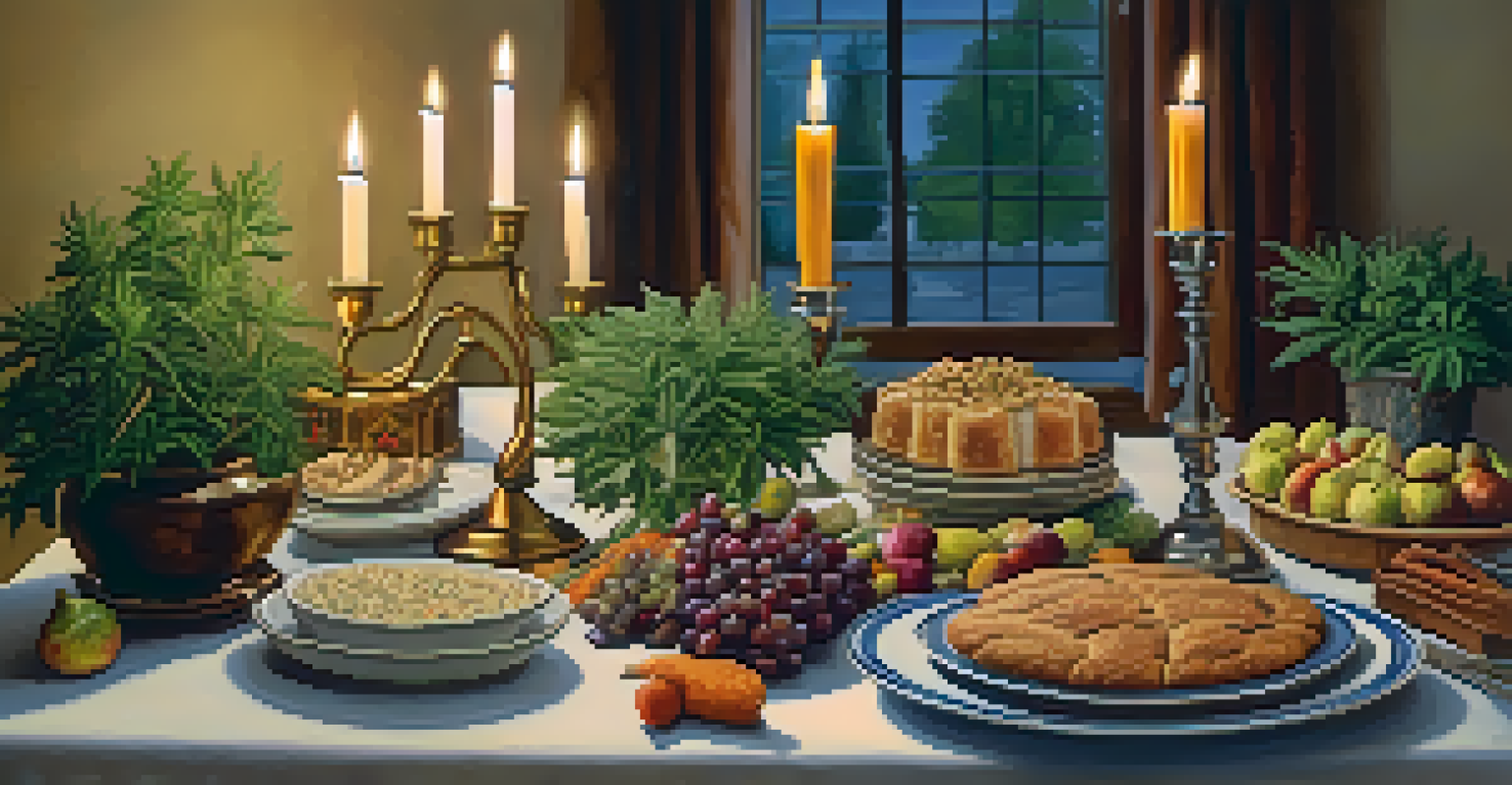 A detailed view of a festive Jewish table with food, a menorah, and cannabis plants, all softly lit by candles.