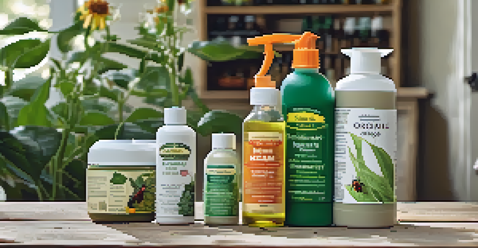 A collection of organic pest control products displayed on a wooden table, with a blurred background of a flourishing garden.