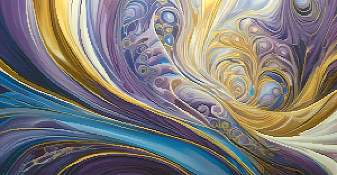 An abstract painting with swirling colors of purple, blue, and gold, featuring intricate patterns and organic shapes, illuminated by soft lighting.