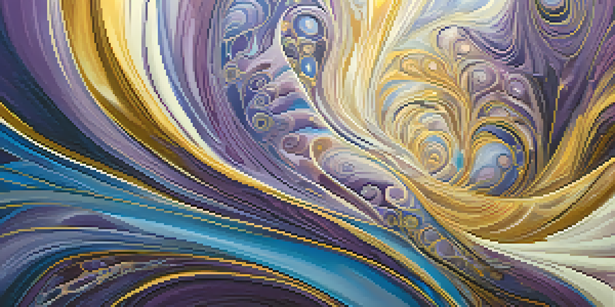 An abstract painting with swirling colors of purple, blue, and gold, featuring intricate patterns and organic shapes, illuminated by soft lighting.