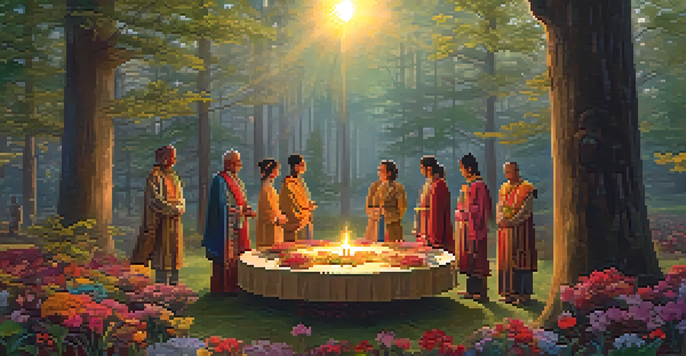 A peaceful forest scene at dawn with sunlight shining through trees and people participating in a ritual around a wooden table.