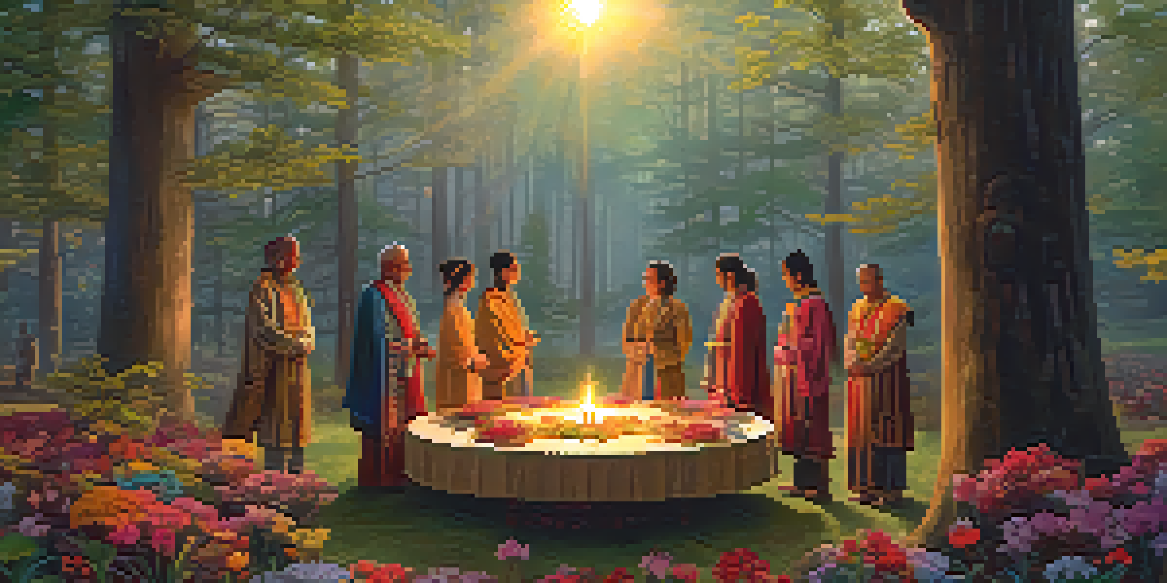 A peaceful forest scene at dawn with sunlight shining through trees and people participating in a ritual around a wooden table.
