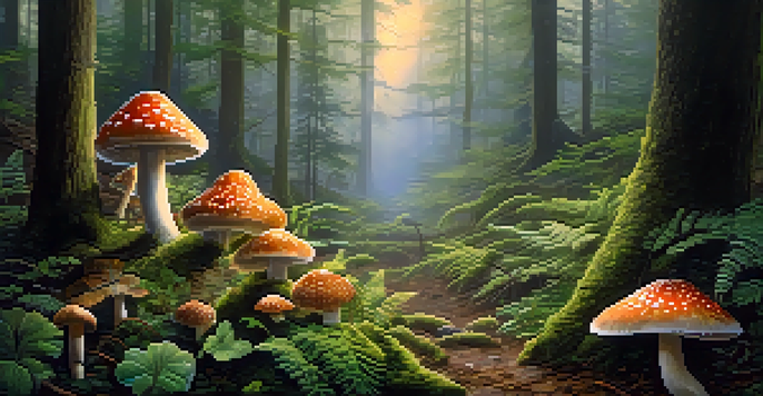 A tranquil forest scene at dawn with colorful mushrooms and mist rising from the ground.