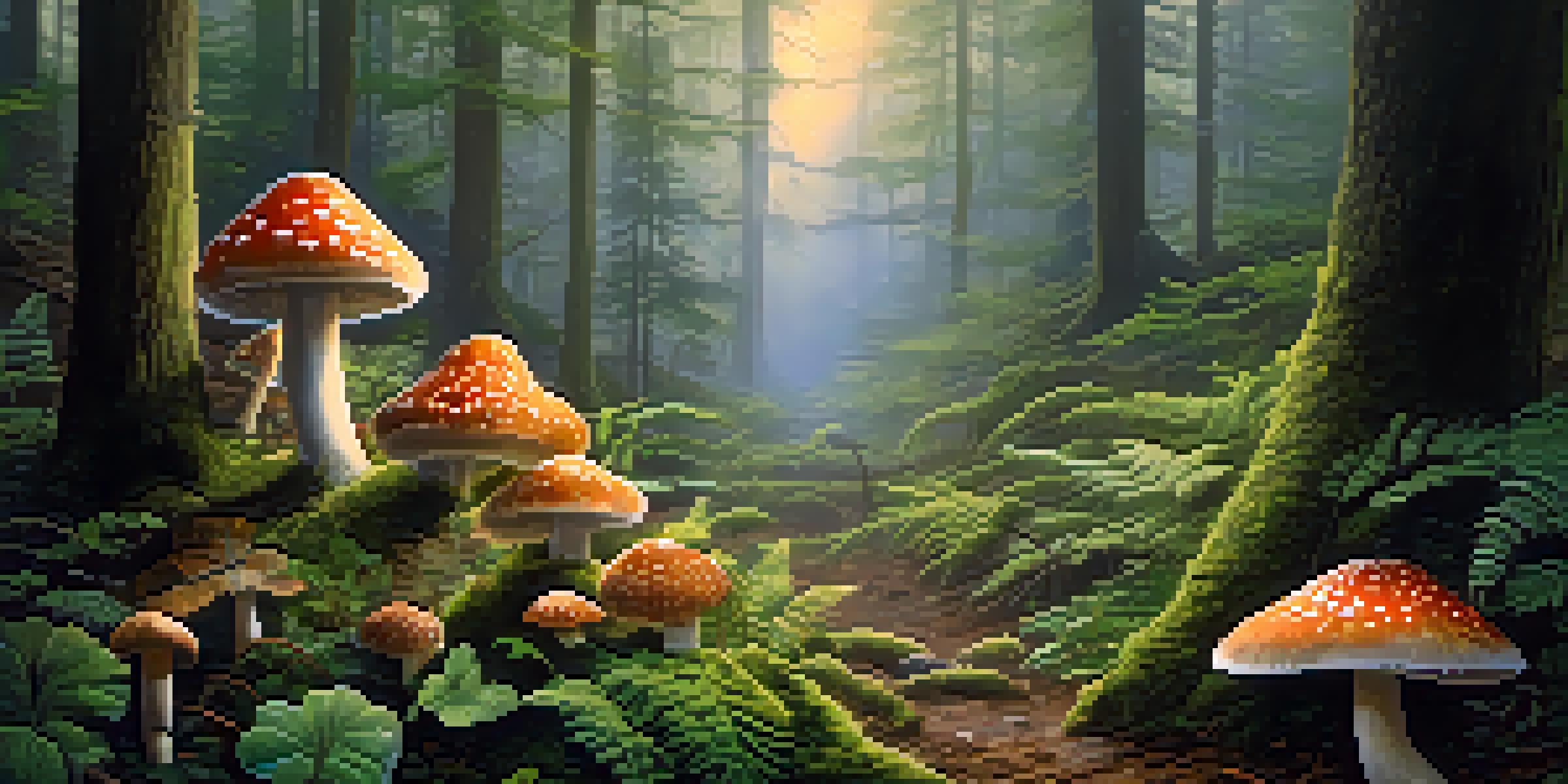 A tranquil forest scene at dawn with colorful mushrooms and mist rising from the ground.
