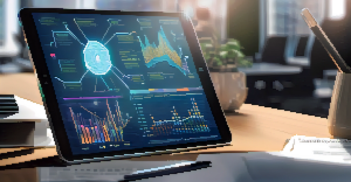 A close-up view of a digital tablet displaying a blockchain ledger with colorful graphs and data entries in a modern office setting.