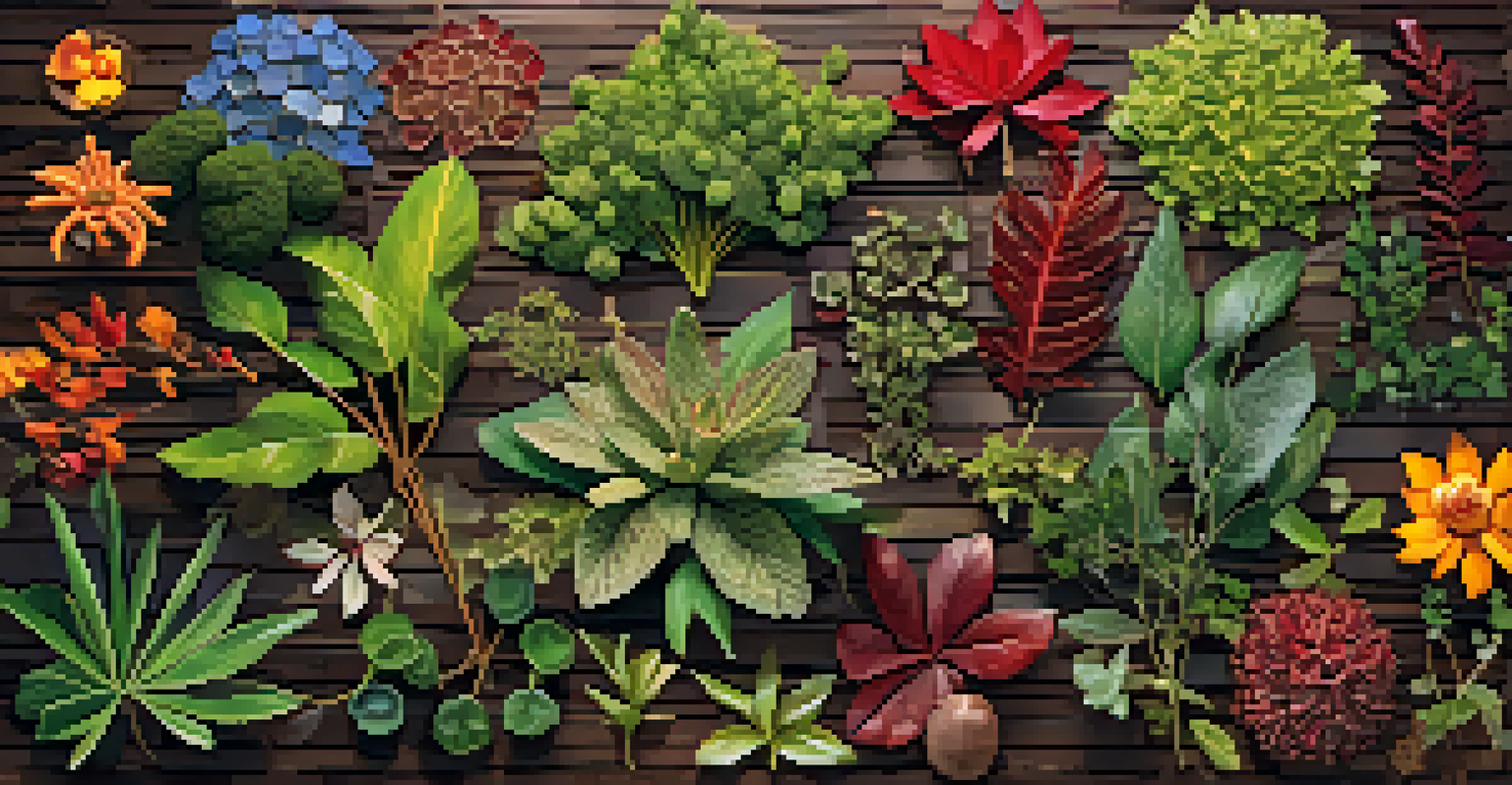 A colorful display of various entheogenic plants on a wooden surface, with labels indicating their names and cultural significance, illuminated by soft lighting.