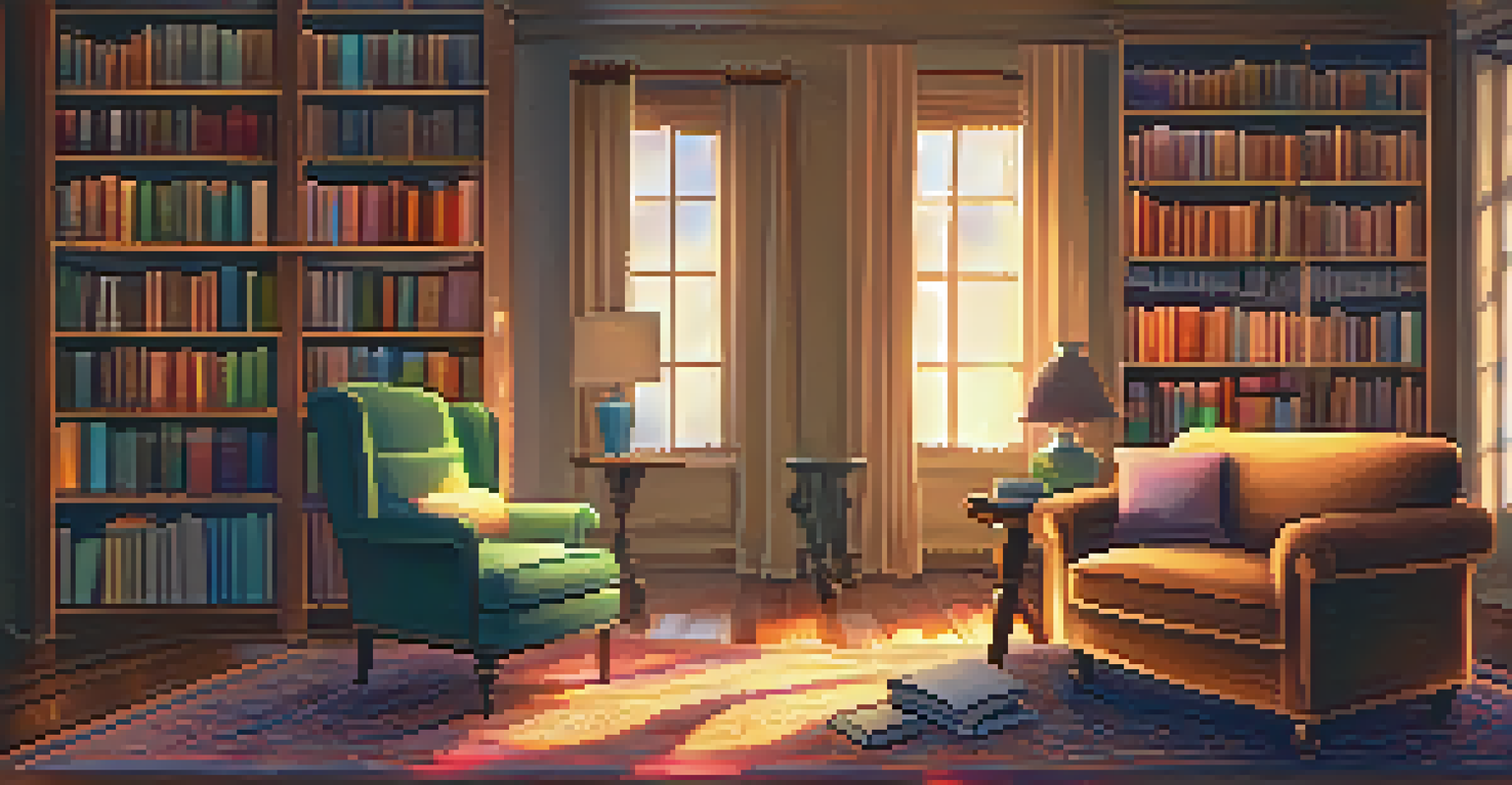 A cozy room with a fireplace, bookshelves, and a plush armchair, illuminated by warm light.