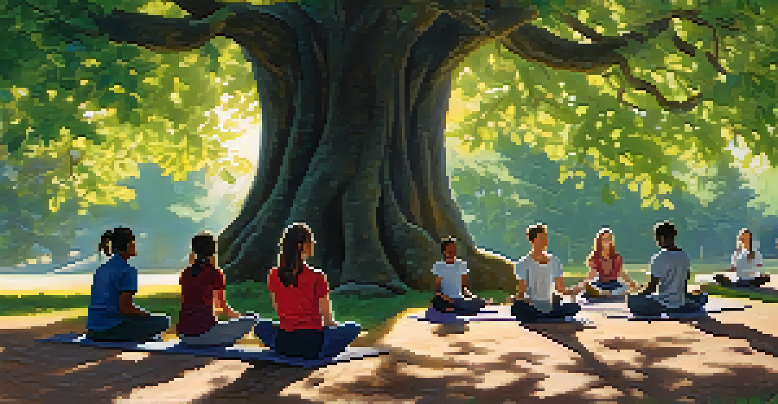 A group of students meditating under a large tree in a tranquil outdoor setting, with sunlight filtering through the leaves.