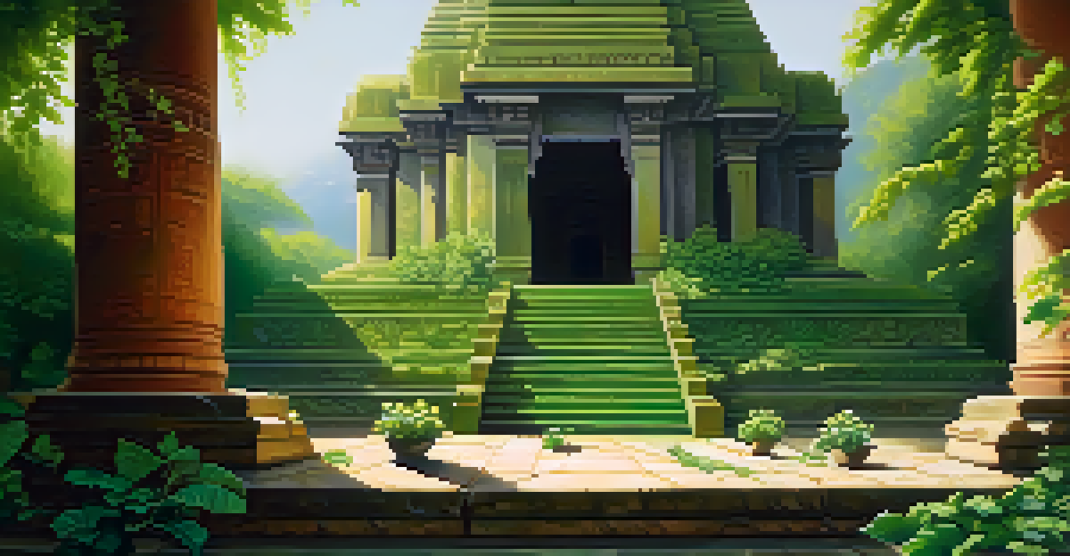 The mythical Soma plant with green leaves and white flowers in front of an ancient Indian temple.