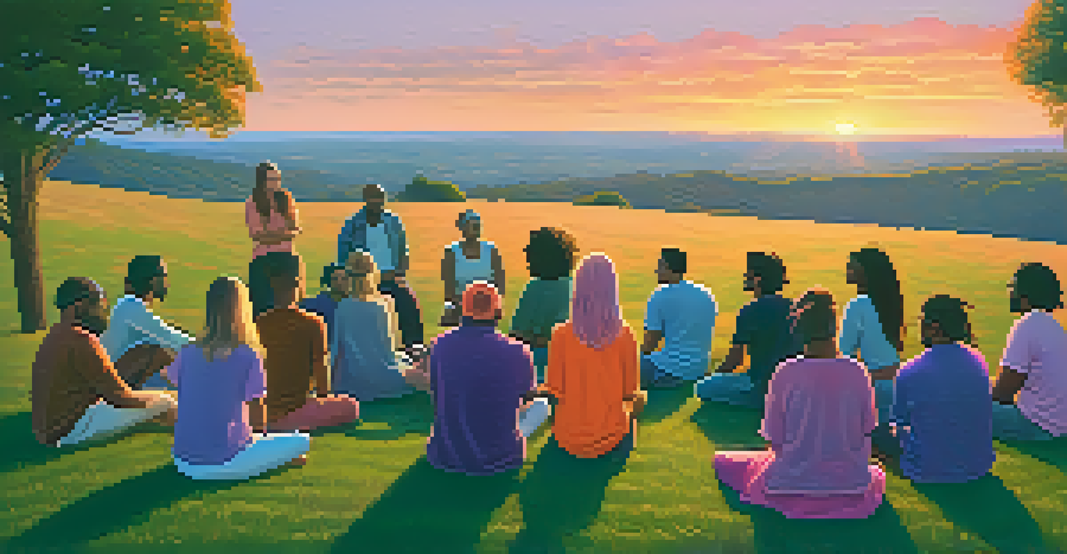 Diverse individuals sitting in a circle on a hilltop at sunset, sharing experiences and fostering a sense of community.