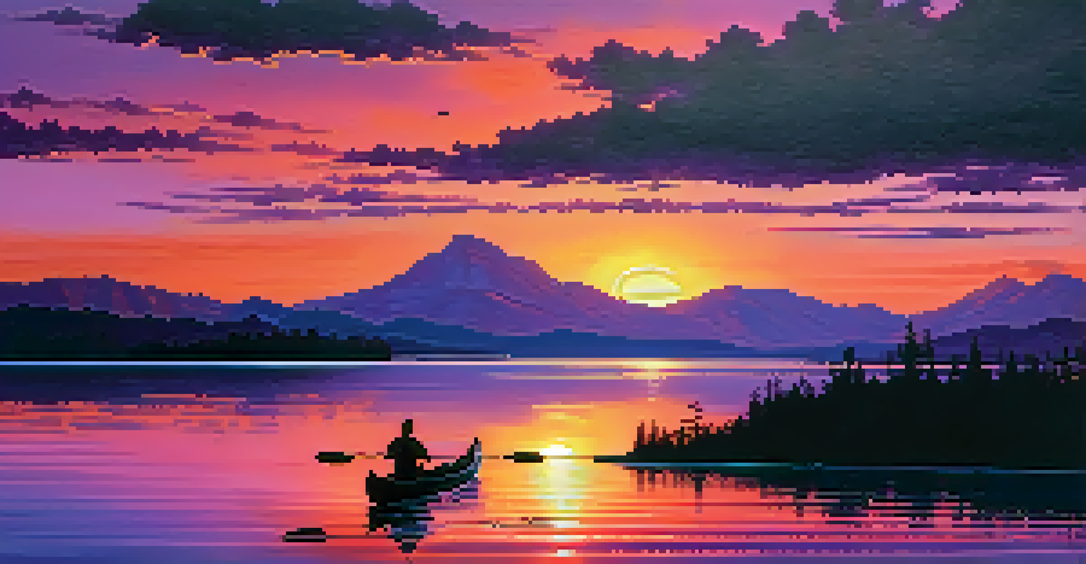A colorful sunset over a calm lake, with reflections in the water and a silhouette of mountains in the background.