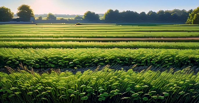 A colorful field filled with green clover and rye cover crops under a clear blue sky, illuminated by soft sunlight.