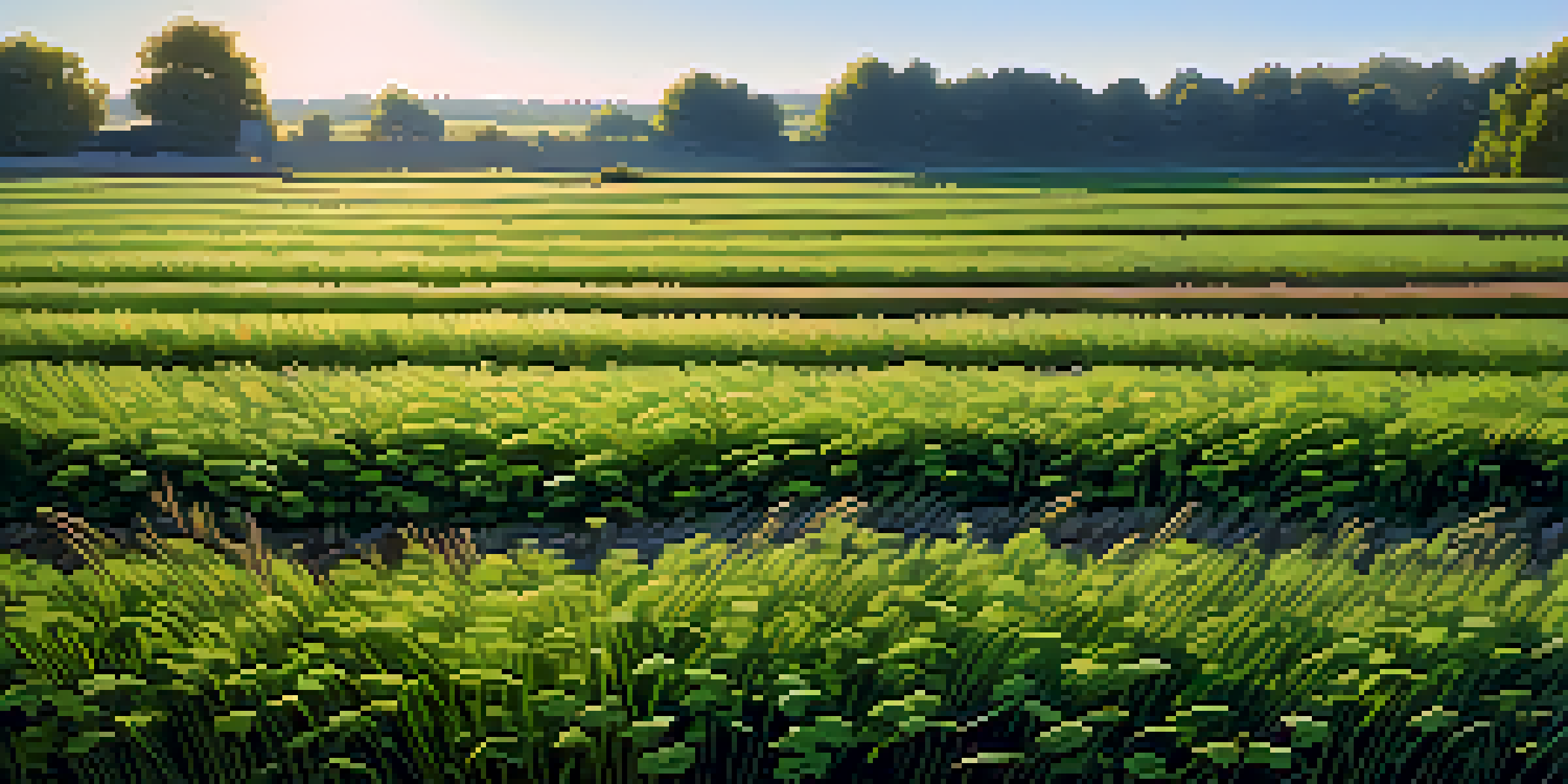 A colorful field filled with green clover and rye cover crops under a clear blue sky, illuminated by soft sunlight.
